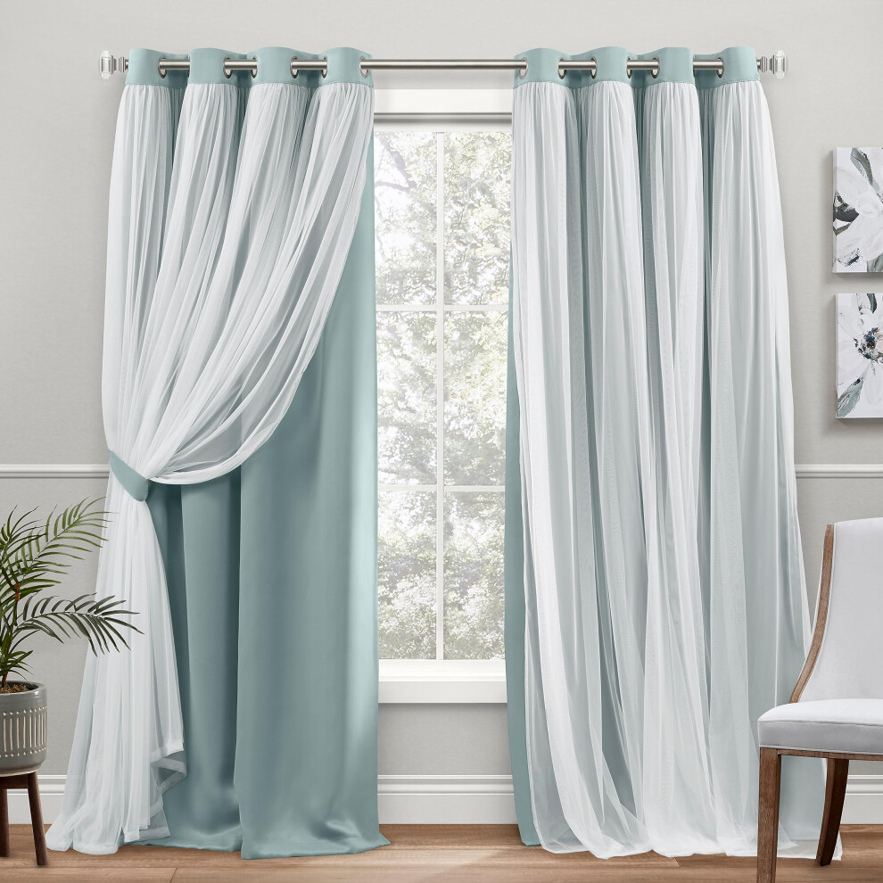 TOWN & COUNTRY LUXE Exclusive Home Catarina Layered Solid Room Darkening Blackout and Sheer Grommet Top Curtain Panel Pair  52x96  Mint Gree