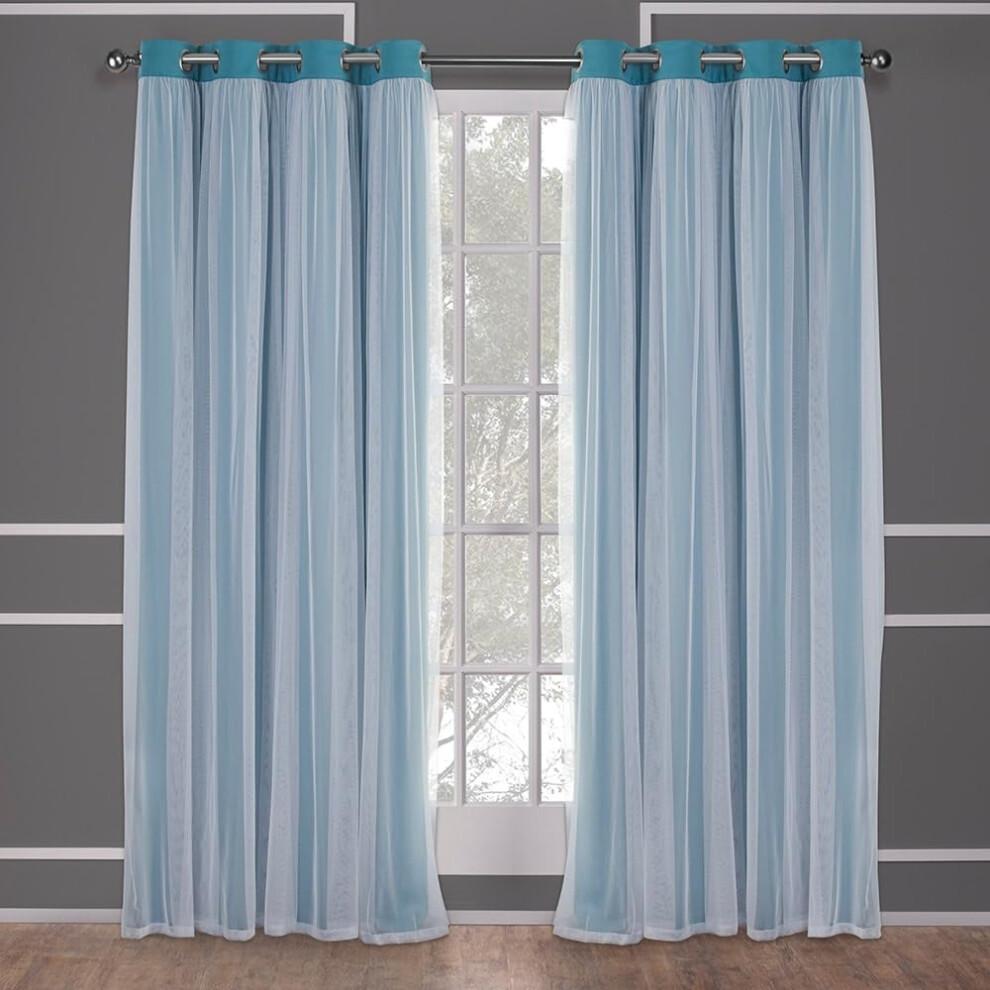 TOWN & COUNTRY LUXE Exclusive Home Catarina Layered Solid Room Darkening Blackout and Sheer Grommet Top Curtain Panel Pair  52x120  Turquois