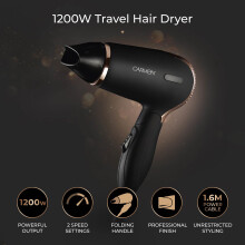 Carmen C80020COP Noir Lightweight Travel Hair Dryer with Concentrator Nozzle and foldable handle, 1200W, Black and Copper