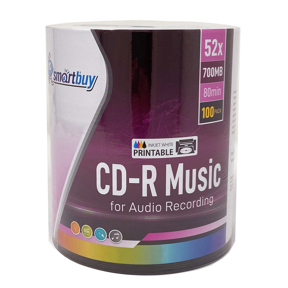 100 Pack Smartbuy Digital Audio Cd-R Music 52X 700Mb/80Min Inkjet Hub Printable Blank Recordable Disc White 846122037308