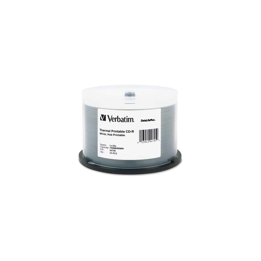 VER94795 - Verbatim CD-R 700MB 52X DataLifePlus White Thermal Printable  Hub Printable - 50pk Spindle