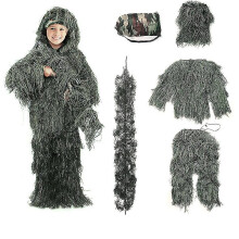 (Green, 160) Children's Size Ghillie Suit Camo Woodland Camouflage Forest Hunting Game 5-piece Bag
