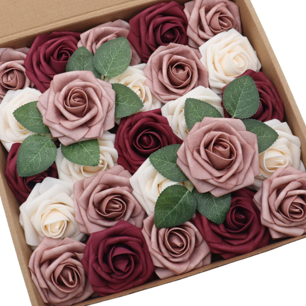 D-Seven 25pcs Artificial Flower Cream & Dusty Rose & Burgundy Rose with Stem for DIY Wedding Bouquets Arch Floral Arrangements Wedding Flowe