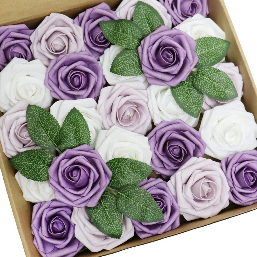 D-Seven 25pcs Artificial Flower White & Lavender Mist & Pale Lilac Roses with Stem for DIY Wedding Bouquets Floral Arrangements Wedding Flow