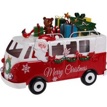 Christmas Santa Claus Figurine in Red White Van with LED Lights 31.5cm x 11.5cm