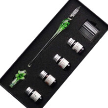 (Green) Crystal Glass Intarsia Dip Pen Fountain Pen Kit Vintage Calligraphy Signatures Pen with 4 Colors Ink, Pen Holder, Cleaning Cup