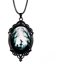 Vintage Gothic Raven Glass Pendant Necklace, Crow Cross Leather Rope Chain Necklace Choker Goth Accessories Jewelry for Women Men