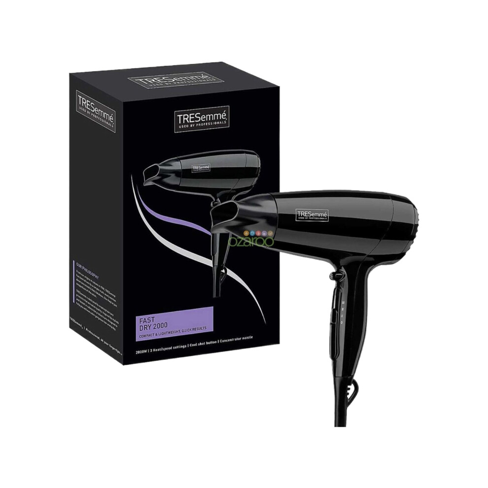 TRESemmé 9142TU Fast Dry 2000W Hair Dryer - Lightweight, Compact, 3 Heat/Speed Settings, Cool Shot, Concentrator Nozzle