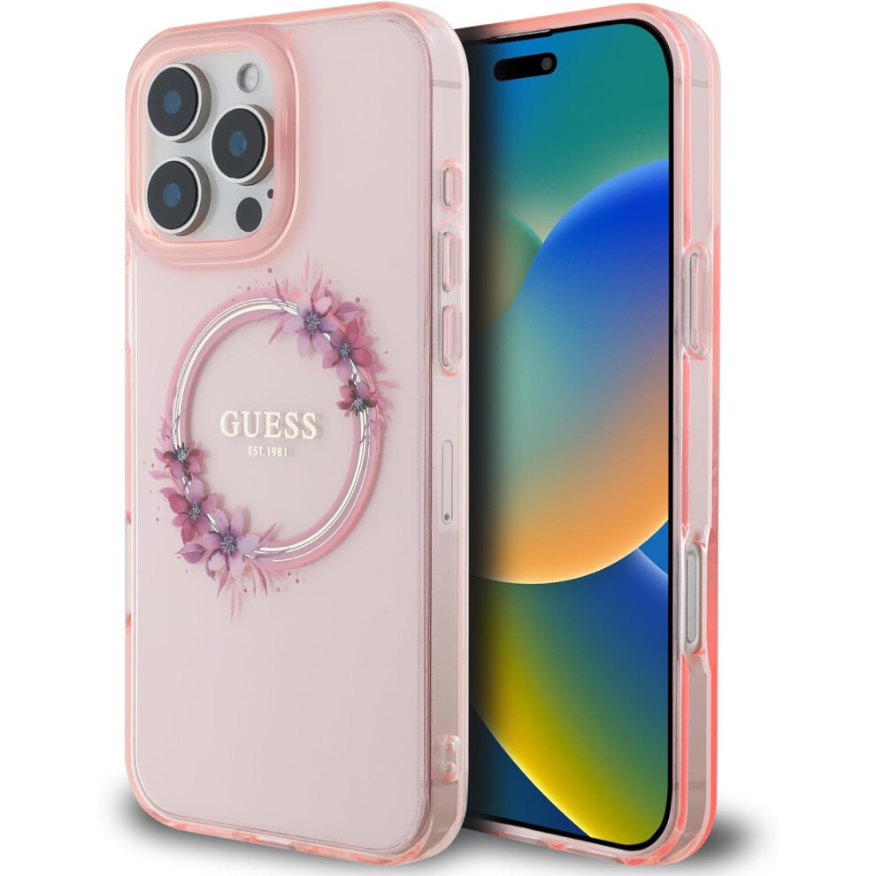 Guess IML Flowers Wreath Case with MagSafe for iPhone 16 Pro Max 6.9" Pink - GUHMP16XHFWFCP