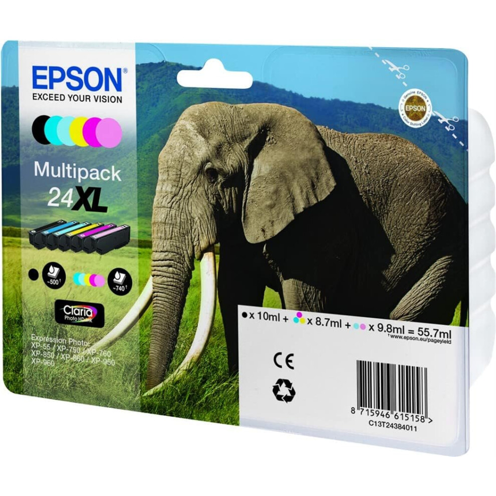 24Xl Elephant High Yield Genuine Multipack, 6-Colours Claria Photo Hd Ink Cartridges, Black/Yellow/Magenta/Cyan, Xl High Capacity