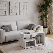(White) 80cm Shelby Abstract Wooden Side Coffee Table with Storage Shelves TV Stand