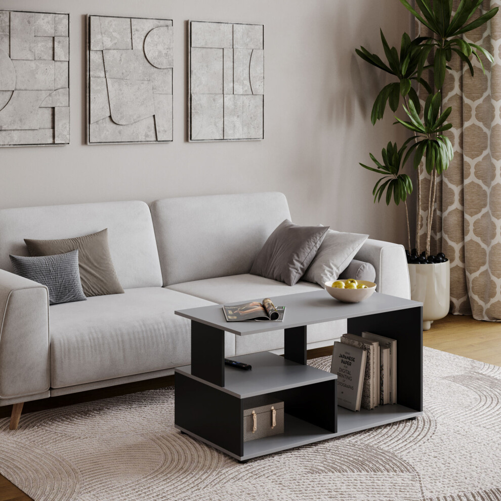 (Grey/Black) 80cm Shelby Abstract Wooden Side Coffee Table with Storage Shelves TV Stand