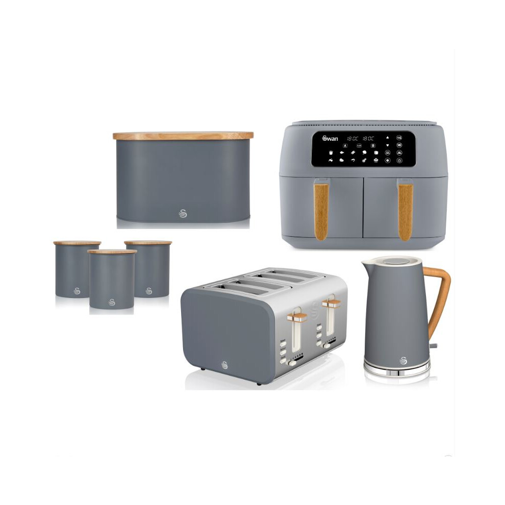 Swan Nordic Kettle Toaster Air Fryer Bread Bin & Canisters Set Grey