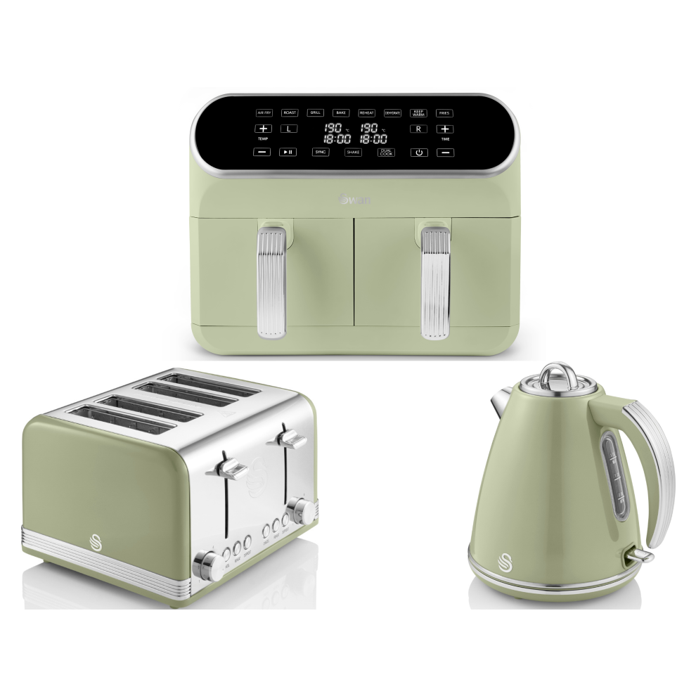 SWAN Retro Green Kettle Toaster & Dual Basket Air Fryer Matching Set