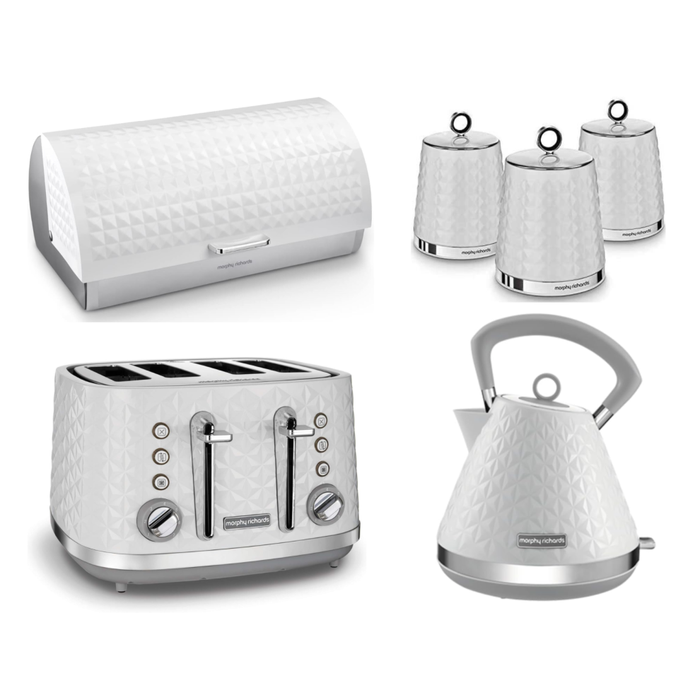 Morphy Richards Vector White Kettle Toaster Bread Bin & Canisters Set