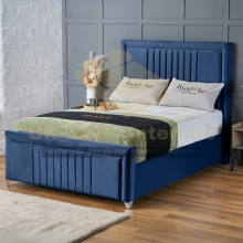 (Blue Plush, 4ft Small Double (No Gaslift)) Bumper Border Bed Frame with Mattress Double Bed Padded Velvet Underneath Storage