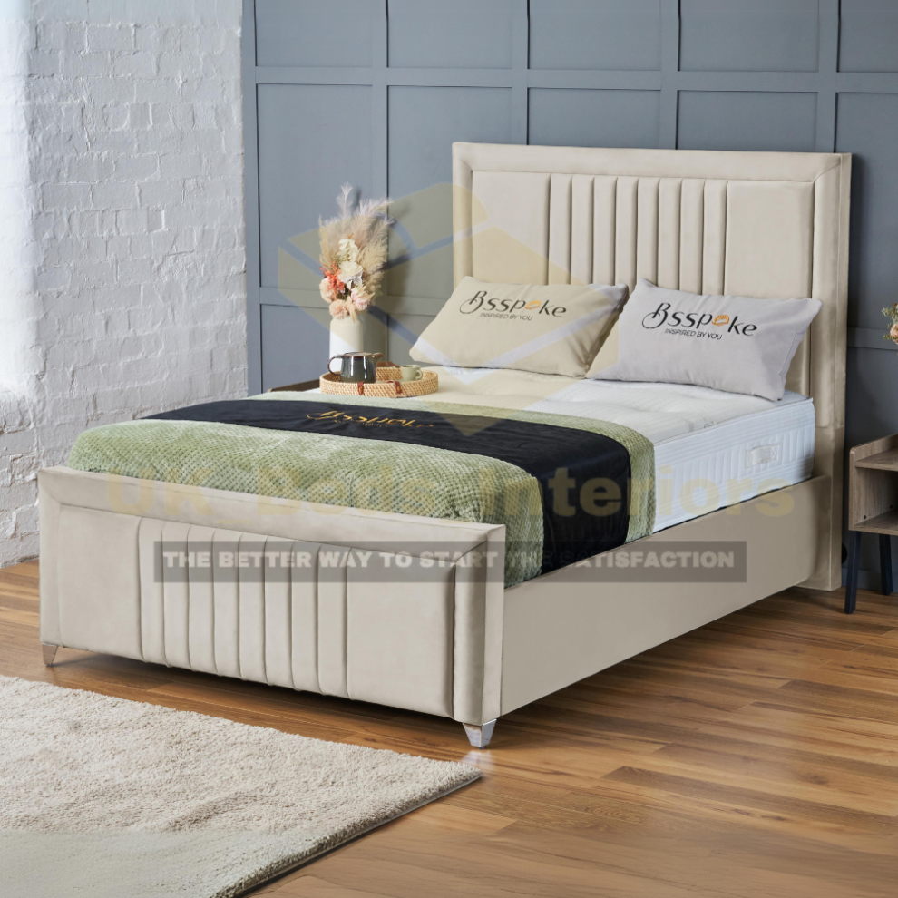 (Cream Plush, 6ft Super King (No Gaslift)) Bumper Border Bed Frame with Mattress Double Bed Padded Velvet Underneath Storage