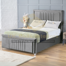 (Grey Plush, 4ft Small Double (with Gaslift)) Bumper Border Bed Frame with Mattress Double Bed Padded Velvet Underneath Storage