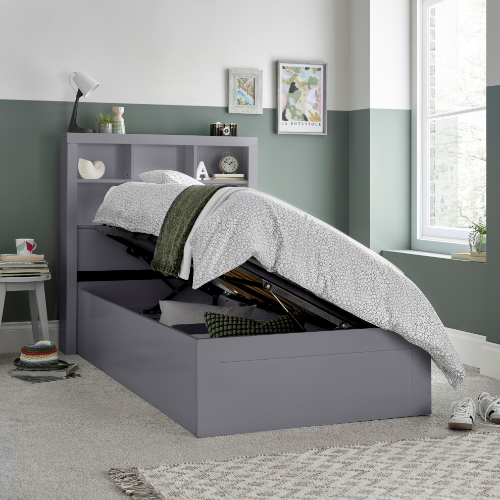 Oscar Grey Wooden Bookcase Ottoman Storage Bed Single