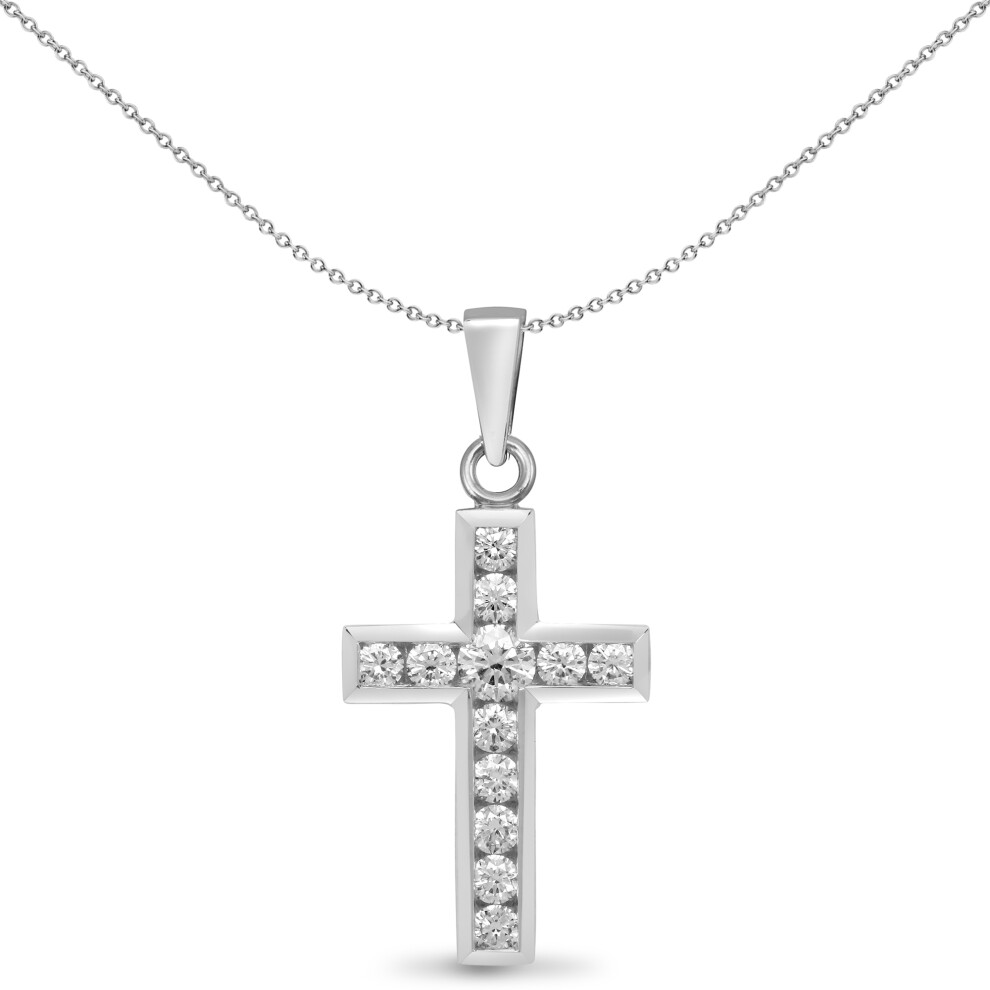 Jewelco London Ladies Solid 18ct White Gold Channel Set Round G SI1 0.44ct Diamond Flat Cross Pendant - 18X053