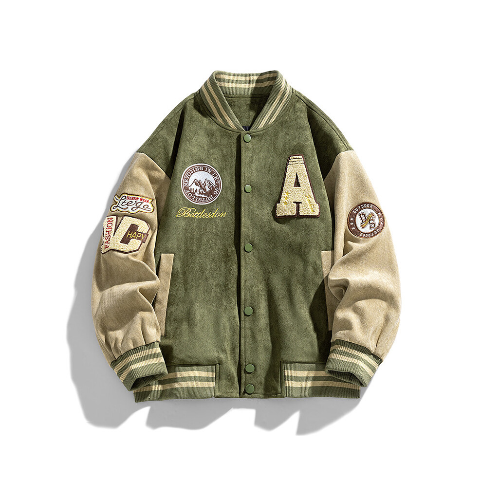 (army green, M) Men's Suede Retro Street Style Bomber Jacket with Towel Embroidery For Fall And Winter UK New