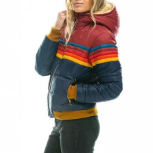 (Blue, M) Womens Rainbow Zip-up Winter Down Casual Striped Hooded Puffer Coat