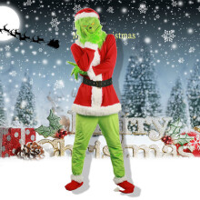(Adult-XL) Grinch Costume Halloween Christmas Santa Cosplay Scary Green Hair Monster