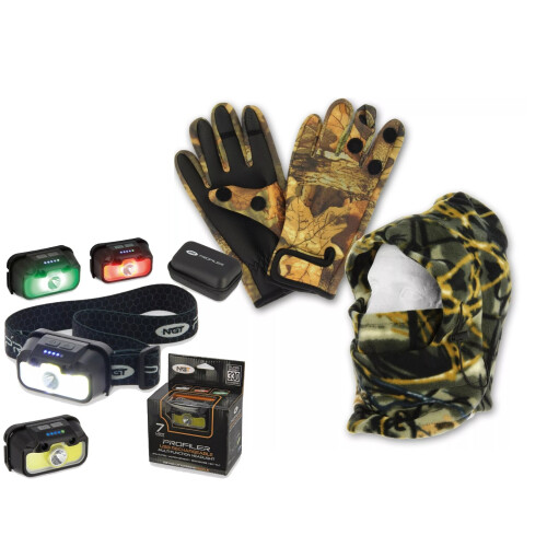 NGT Camo Snood Fully Fleeced & Neoprene Fingerless Gloves M L XL & HEADLIGHT Torch