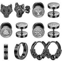 6 Pairs Stainless Steel Viking Hoop Earrings, Retro Fashion Earrings for Men -n841