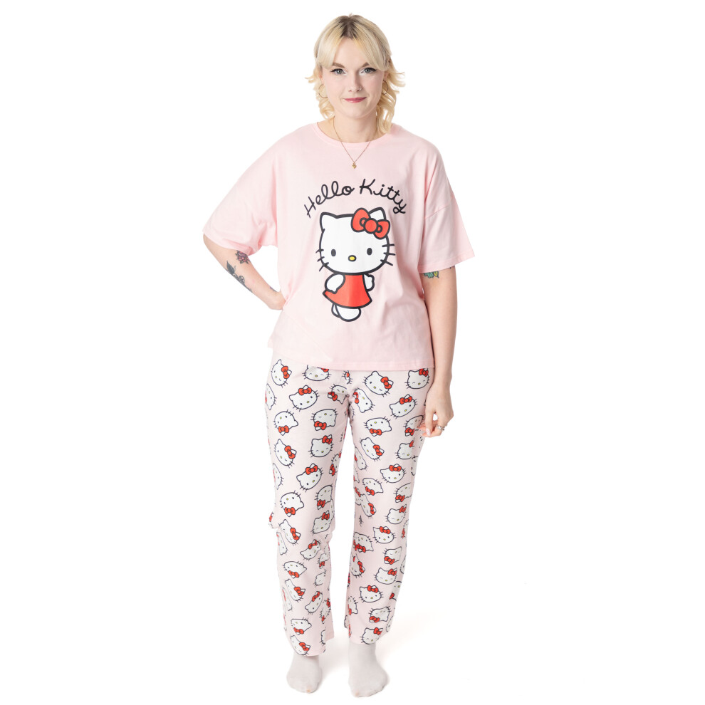 (Medium) Hello Kitty Short Sleeve Long Leg Pyjama Set (Womens Pink)