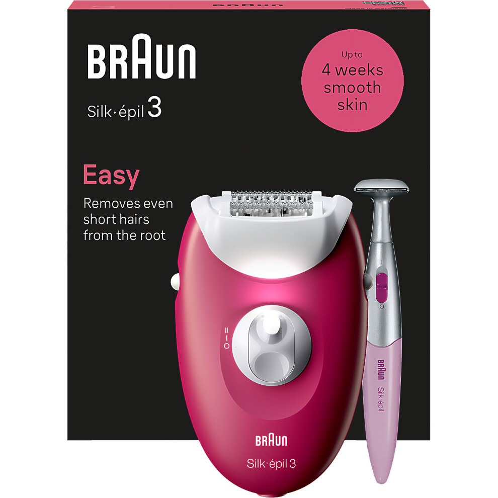 Braun Silk-Ã©pil 3 Epilator - Pink | Wet & Dry, Corded, 20 Tweezers, Bikini Line Attachment, Comfort Massage Rollers