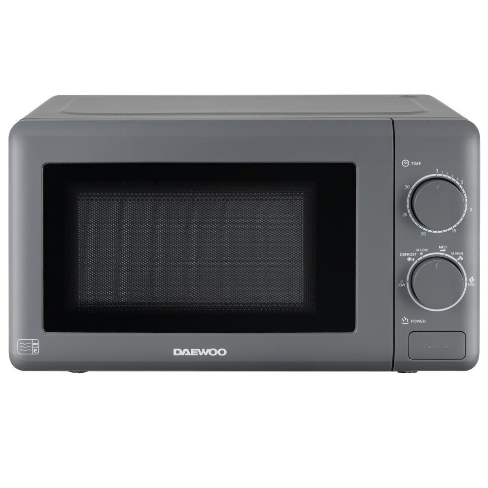 Daewoo 20L Manual Microwave with 5 Power Settings 30 Minute Timer Defrost Function Cool Grey Housing Push Button Door White Interior 50hz 800w SDA1961