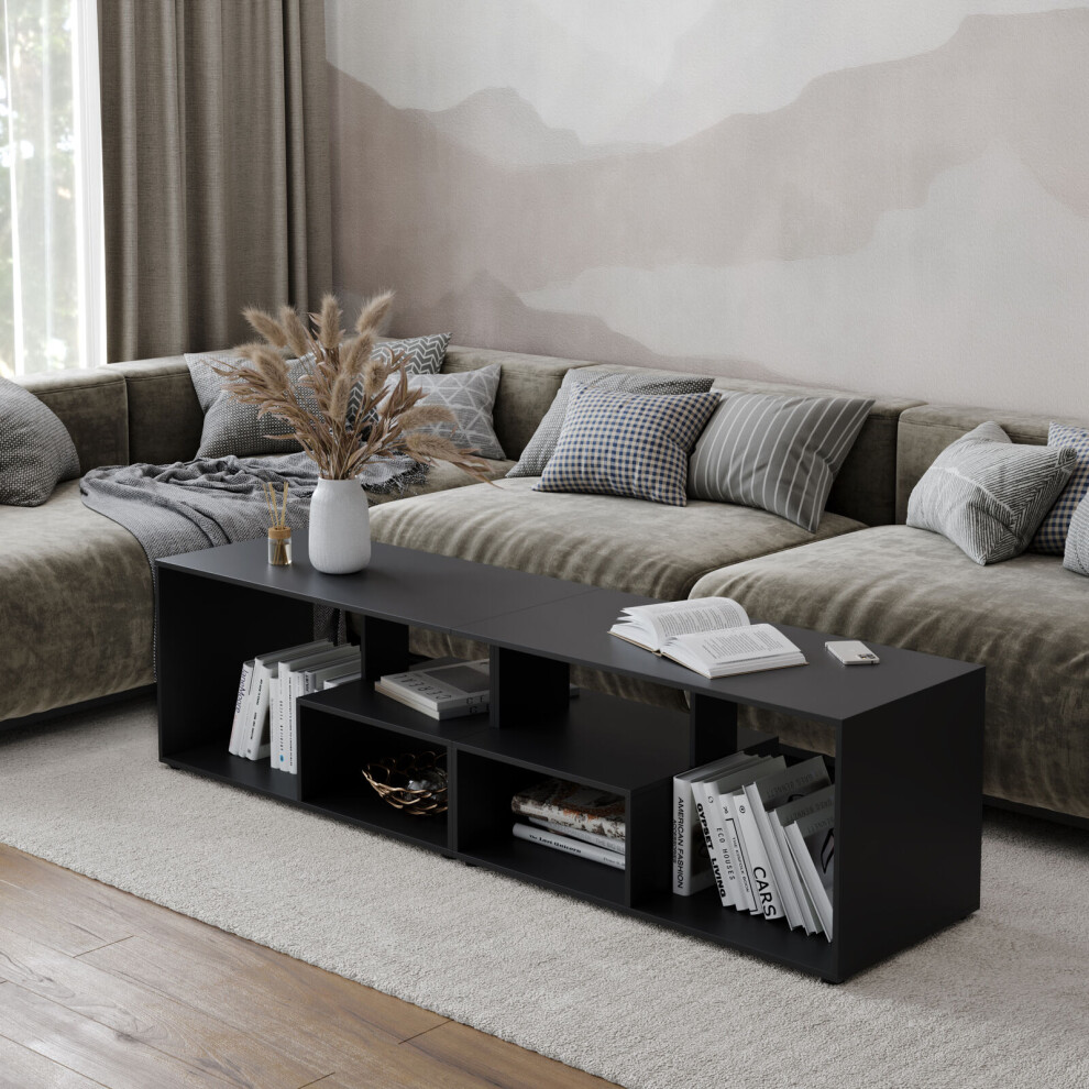 (Black) 160cm Large Shelby Abstract Double Coffee Table with Storage Shelves TV Stand