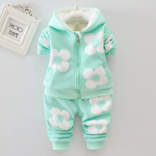 (18M, Green) Baby Girls Flower Cartoon Thickk Woolen Autumn Winter Hoodied Jacket Coat Pants Clothing Set Children Kids Warm Clothes Suits