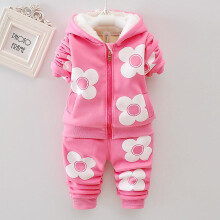 (24M, Rose) Baby Girls Flower Cartoon Thickk Woolen Autumn Winter Hoodied Jacket Coat Pants Clothing Set Children Kids Warm Clothes Suits