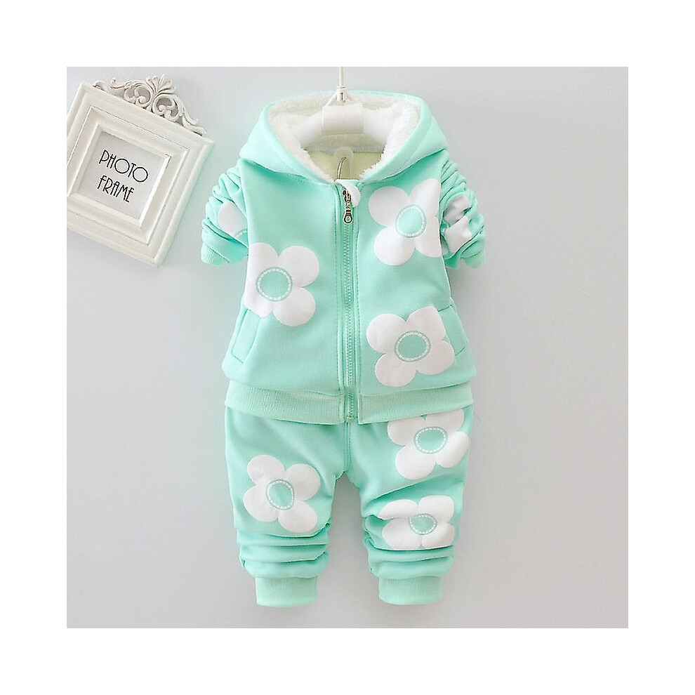 (12M, Green) Baby Girls Flower Cartoon Thickk Woolen Autumn Winter Hoodied Jacket Coat Pants Clothing Set Children Kids Warm Clothes Suits-image-OPC-PFNVWVG-NEW
