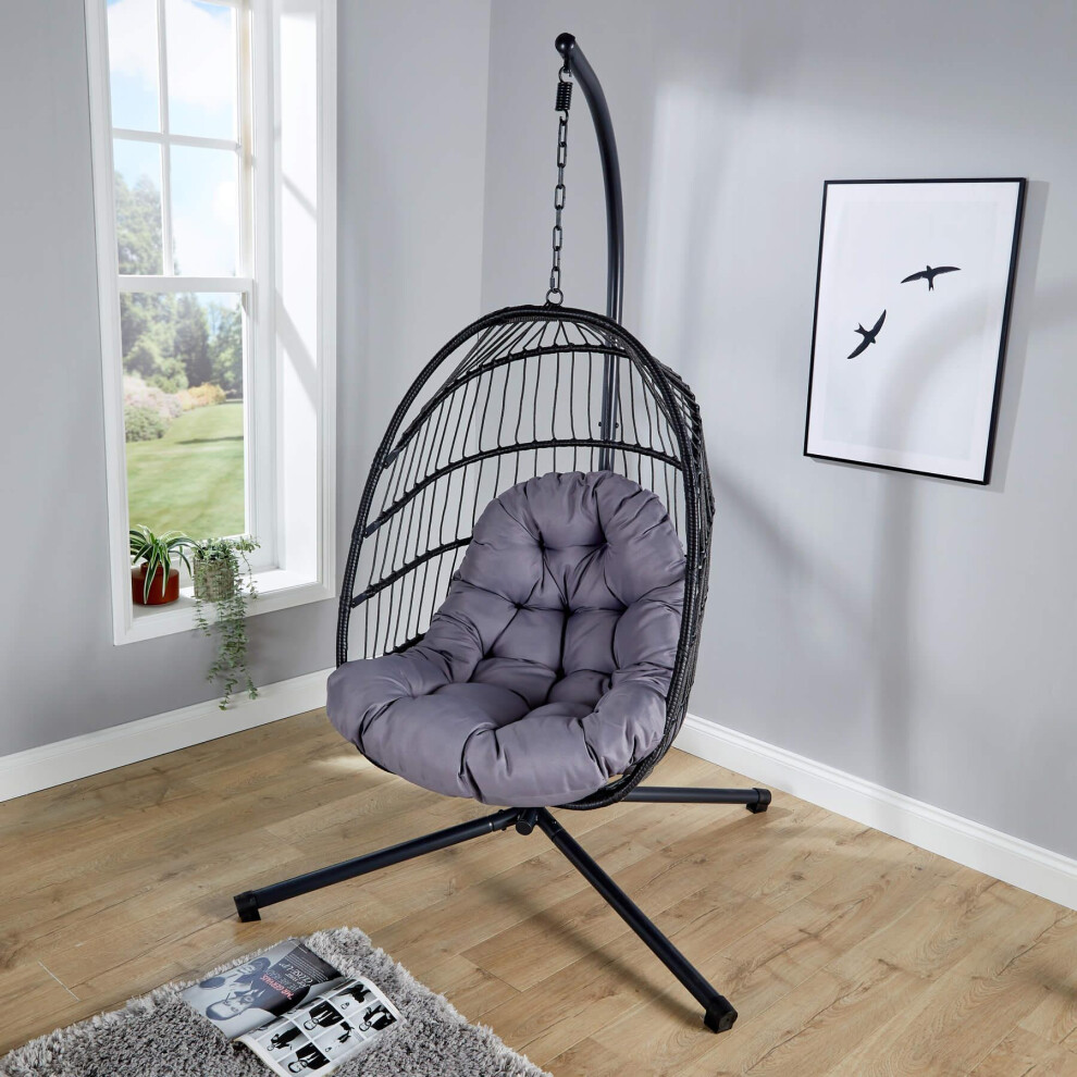 Hanging Egg Chair Rattan Black Waterproof Cushion Indoor Outdoor Seat