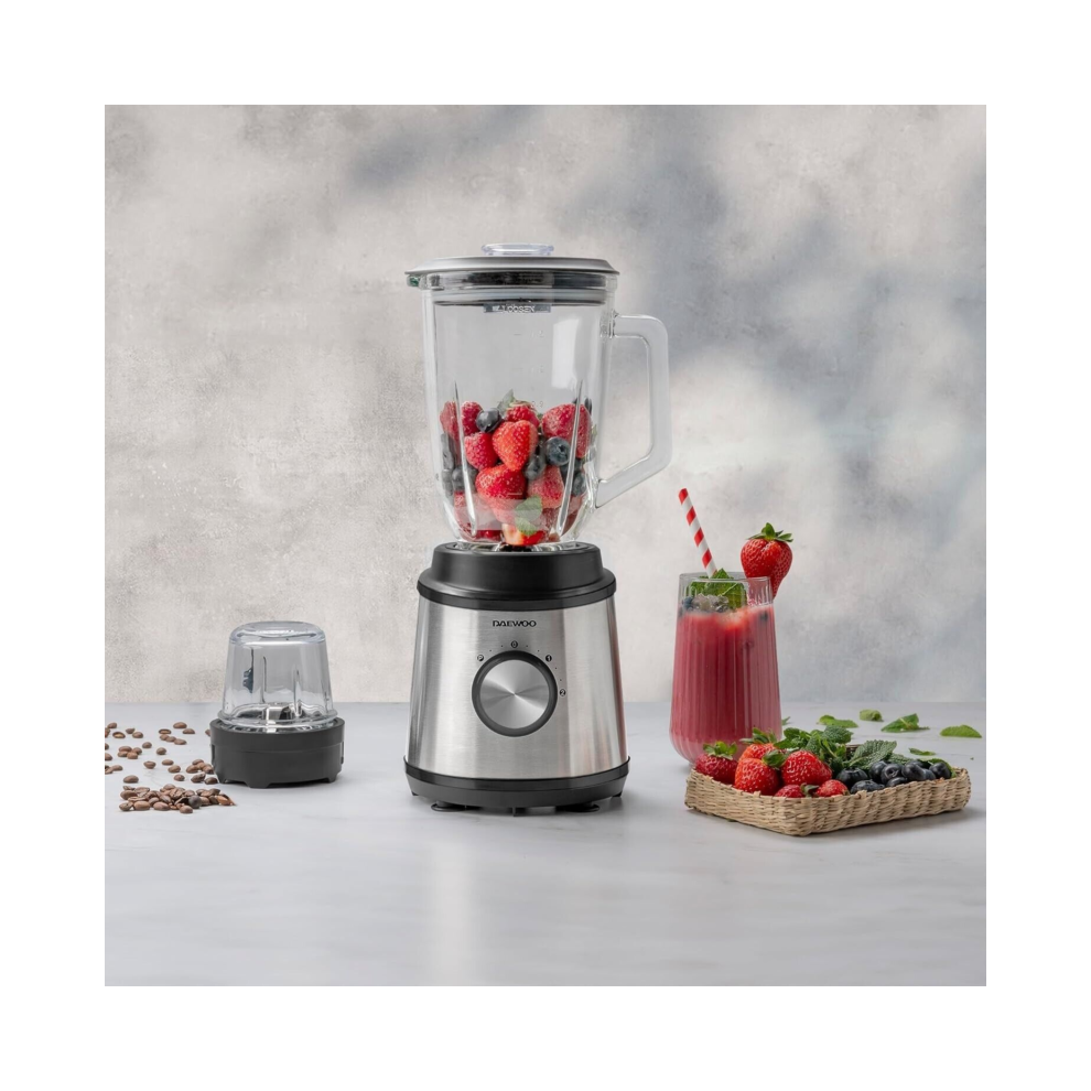 Daewoo 800W 2PCs Set Of Smoothie Maker with Coffee Grinder Glass & Stainless Steel Jug Blender for Soup Sauce Fruits & Veggies