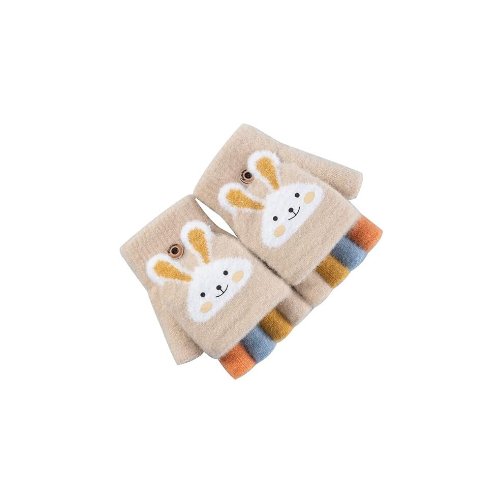 Veeki Kids Convertible Fingerless Gloves Cat Bunny Knit Flap Cover Mittens Half Finger Stretchy Mitten Glove For Girls Boys 6-12Y