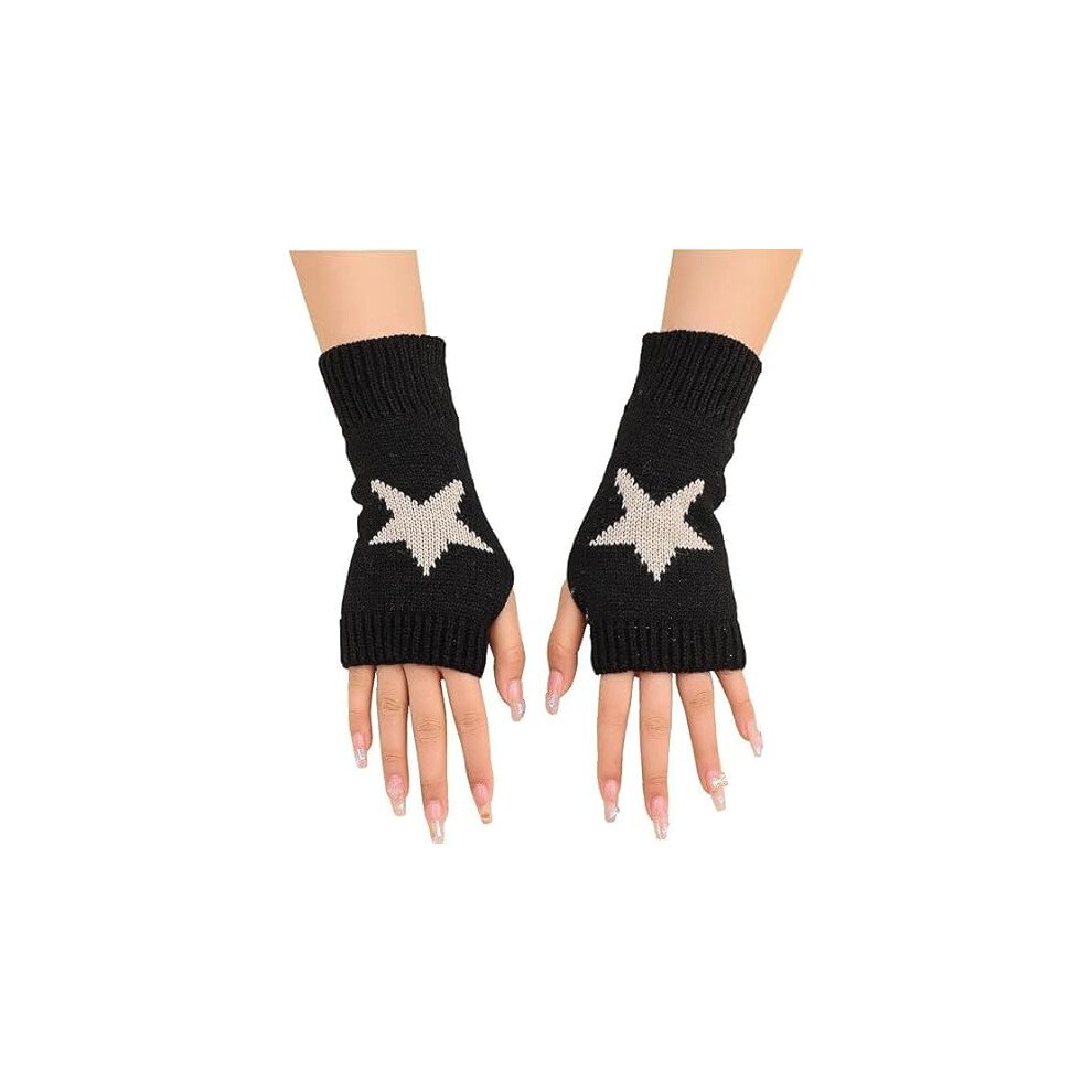 Women's Fingerless Star Pattern Gloves - Warm Knitted Wrist Warmers with Thumb Hole Y2K Accessories