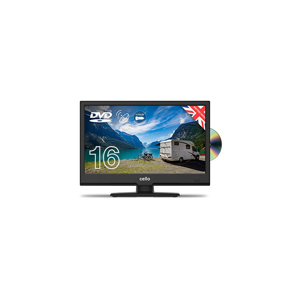 Cello 12 Volt ZF0261 12 Volt 16" inch Full HD LED Digital TV Built-in DVD Freeview HD and 12 volt Adaptor, Built in satellite receiver with HDMI and