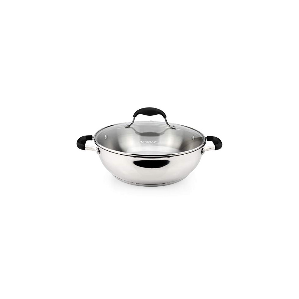 AVACRAFT 18/10 Stainless Steel Everyday Pan, Stir Fry Pan with Five-Ply Base, Chef?s Pan with Glass Lid, Multipurpose Stewpot Skillet, Saute Pan,-image-OPC-PFNX28P-NEW