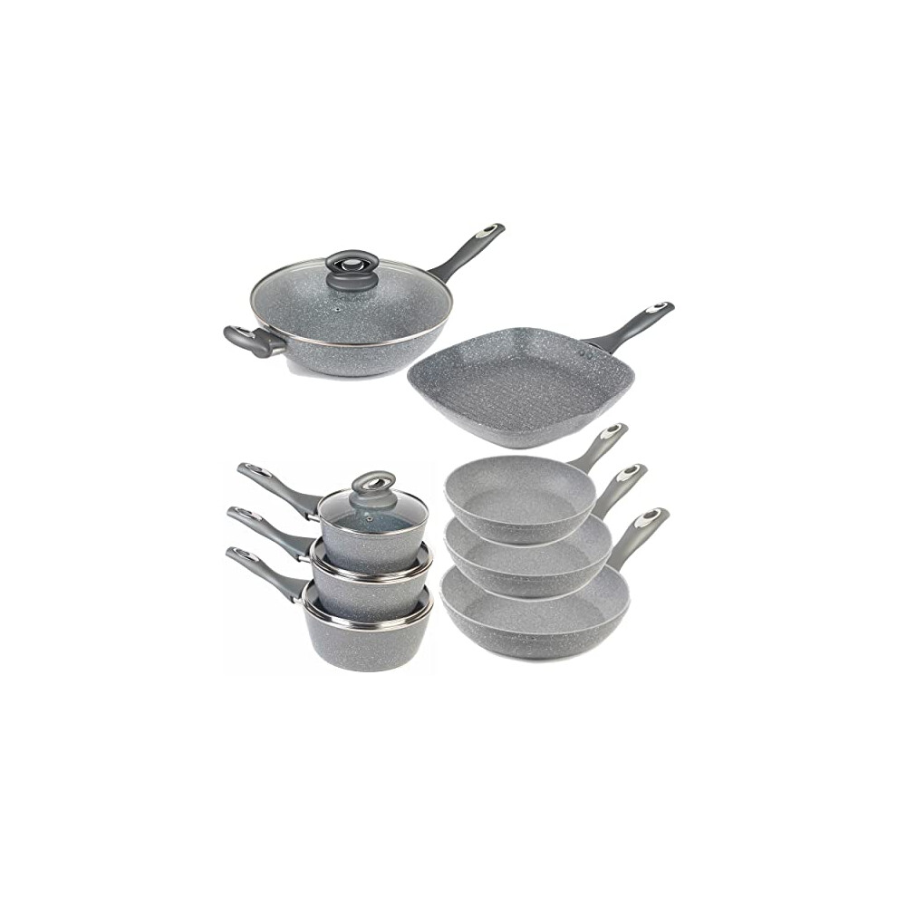 Salter COMBO-8572A 8 Piece Pan Set, 16/18/20cm Saucepans, 20/24/28cm Frying Pans, Wok & Lid, Griddle Pan, Non-Stick Induction Hob Suitable, Healthier