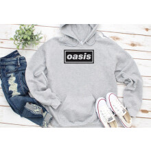 (Medium, Grey) Oasis Logo Rock Band Retro Black Grey Men Women Unisex Hoodie