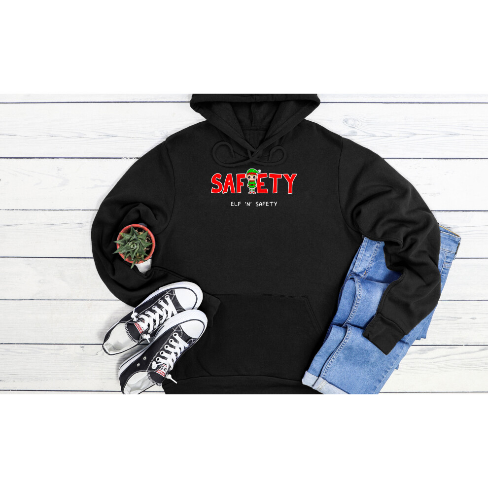 (XXX-Large, Black) Elf and Safety Christmas Funny Cool Black Grey Men Women Unisex Hoodie
