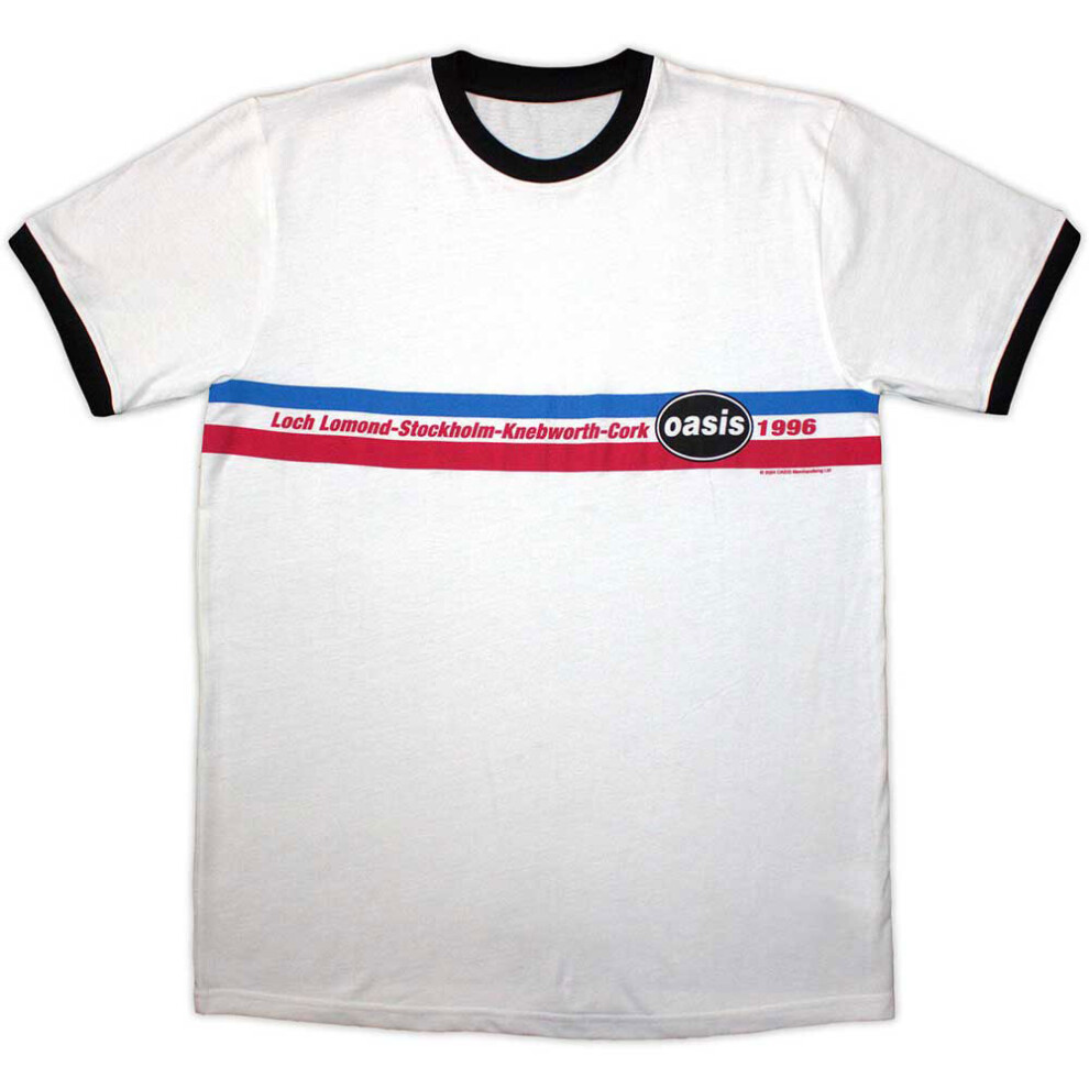 (S, White) Oasis 1996 Tour Horizontal Stripes Ringer T Shirt