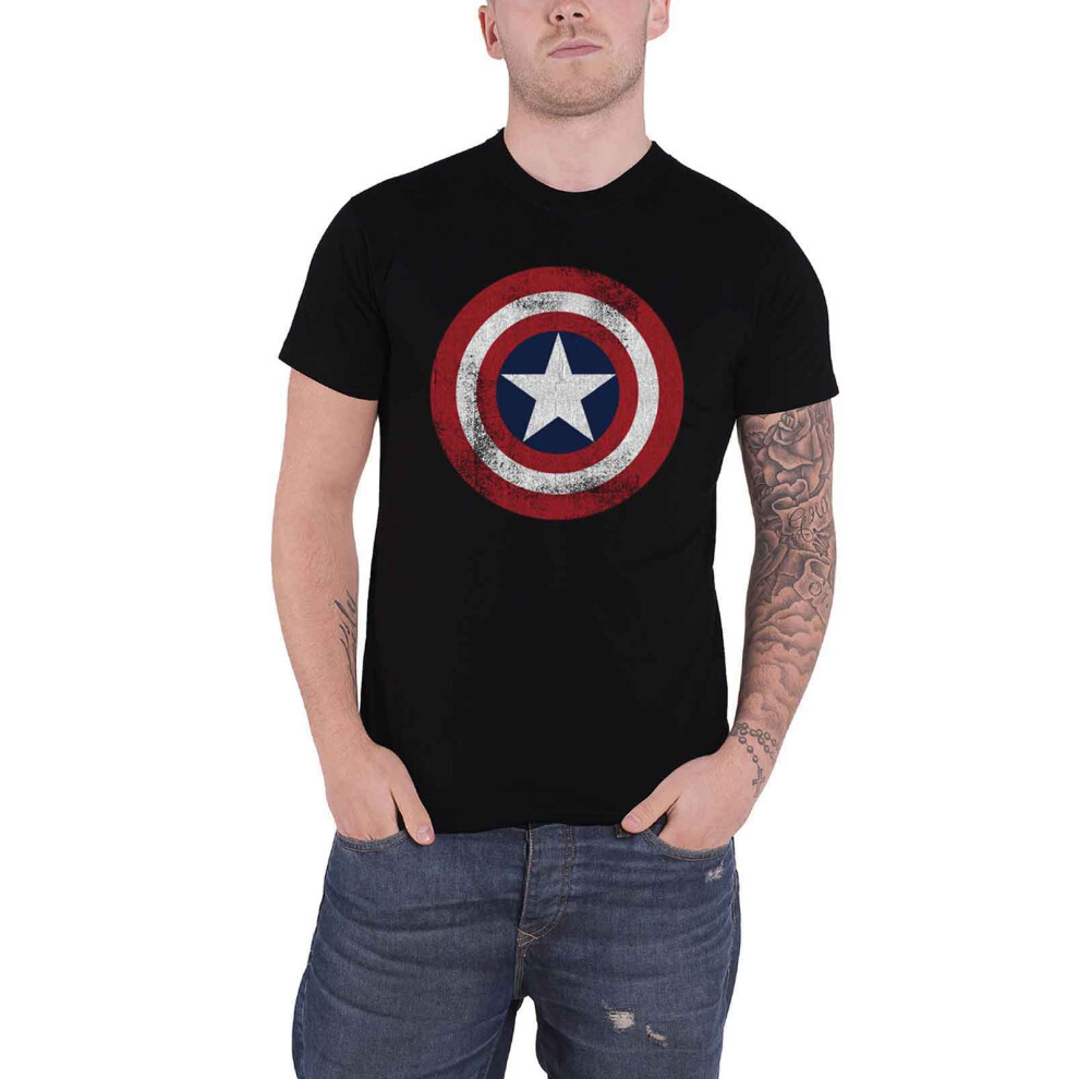 (XL) Marvel Comics T Shirt Captain America Distressed Shield new Official Mens Black