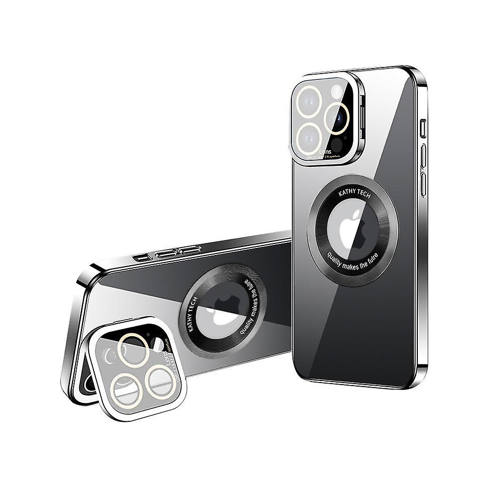 (Black) For iPhone 14 Pro Magnetic Phone Case Camera Lens Frame Kickstand Electroplating TPU Cover