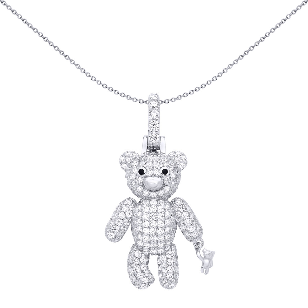 Jewelco London Rhodium Plated Sterling Silver Black CZ Moveable Bear & Mini Teddy Pendant Necklace - GVP689