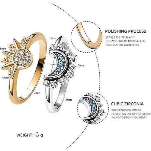 (Gold, 8) Celestial Sun And Moon Ring Set, Sparkling Sun Ring/blue Moon Ring 2